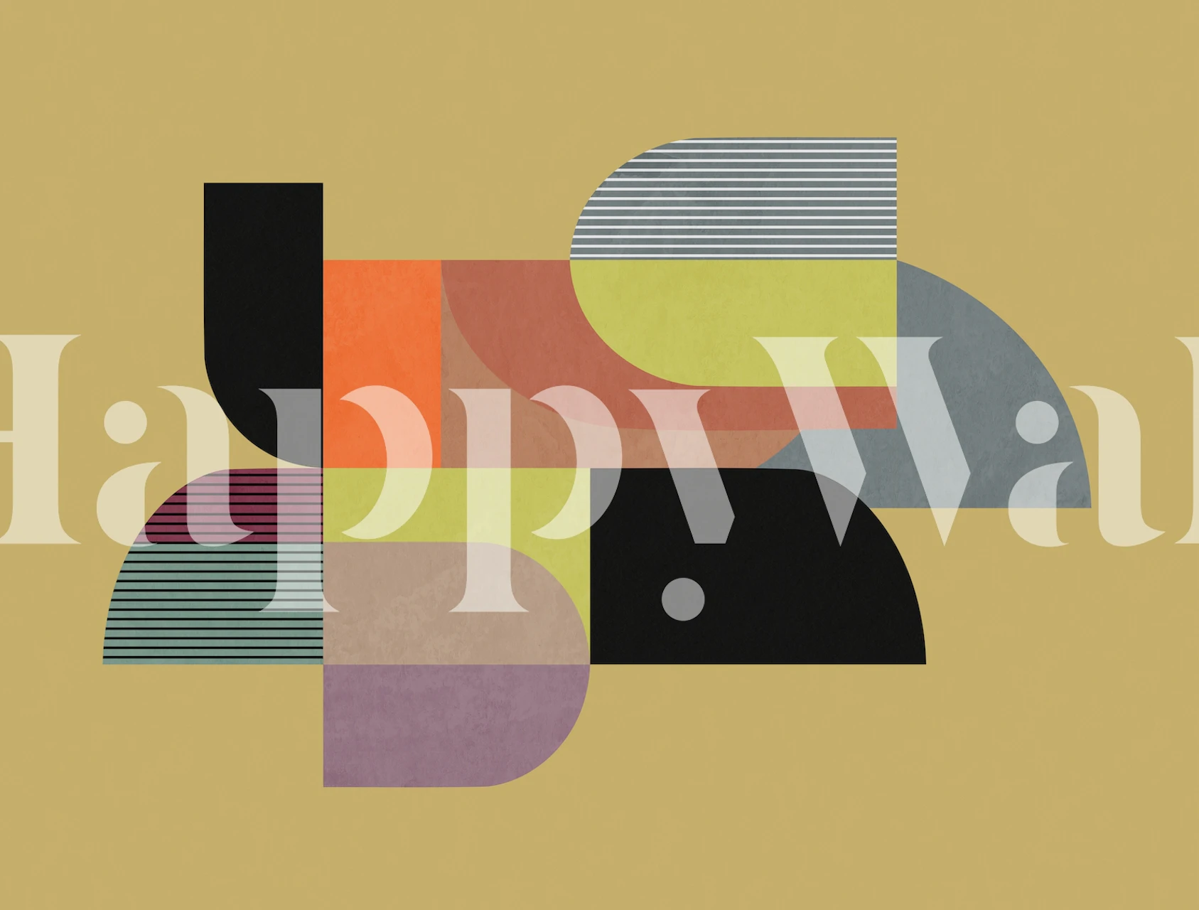 Colorful abstract geometric shapes on a mustard background wallpaper