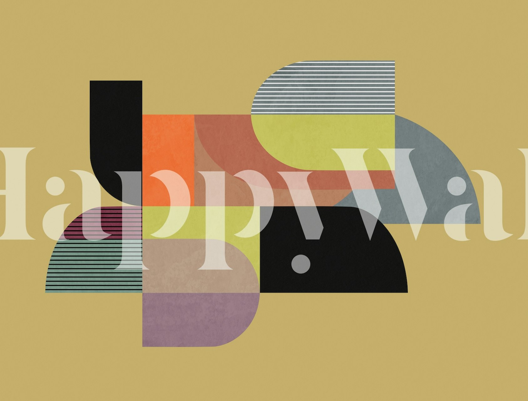 Colorful abstract geometric shapes on a mustard background wallpaper