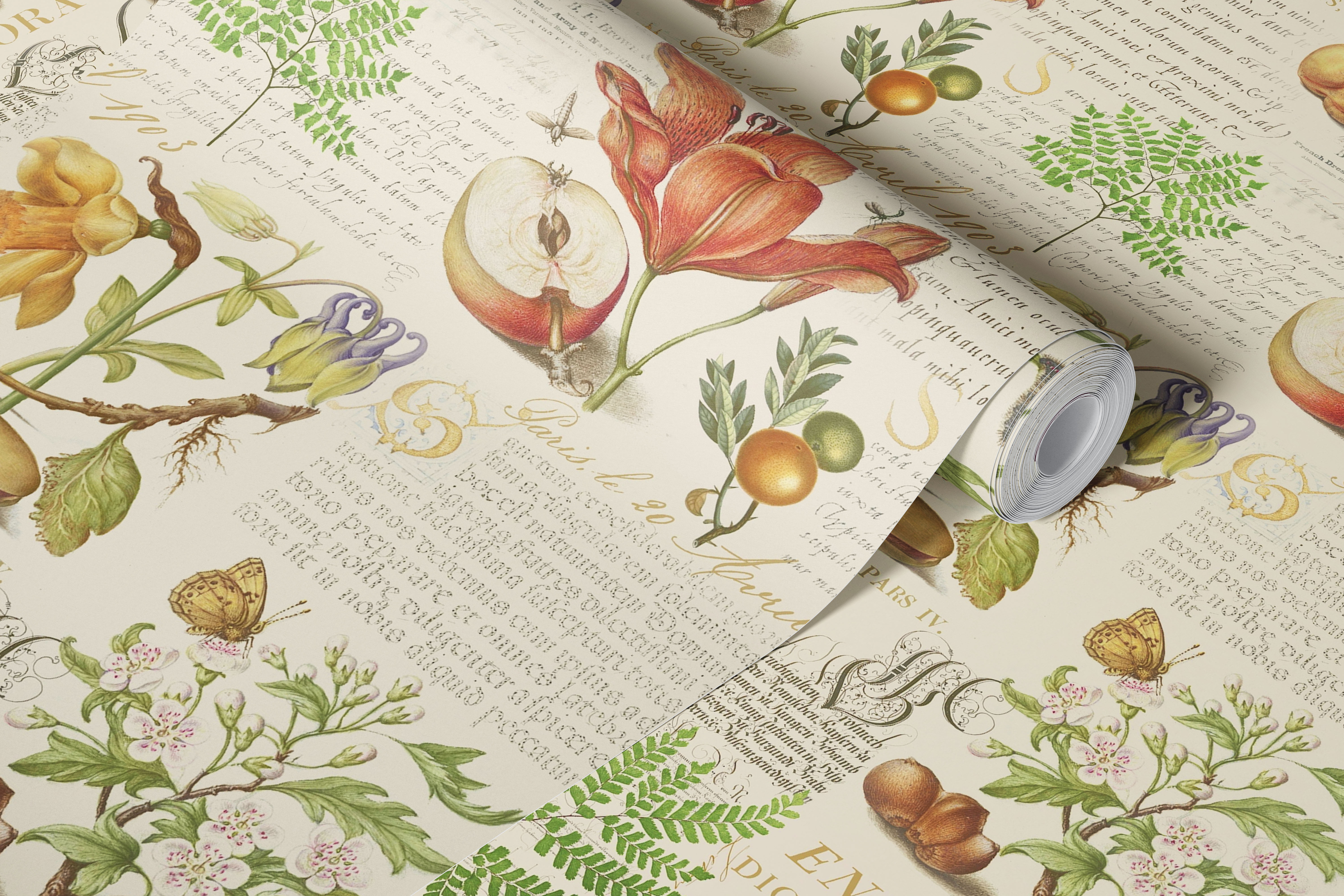 Botanical wallpaper with fruits and calligraphy
