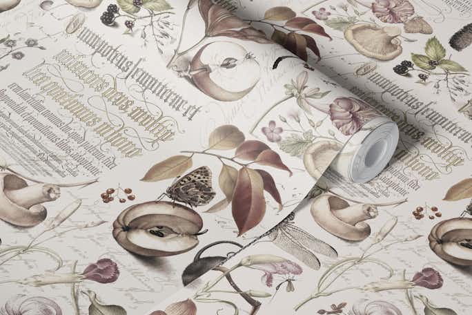Botanical Treasures By Joris Hoefnagel With Plants, Fruits And Calligraphy Neutral Beigewallpaper roll