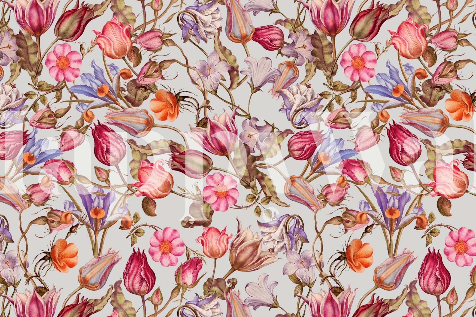 Pink and orange floral design with various blooms wallpaper