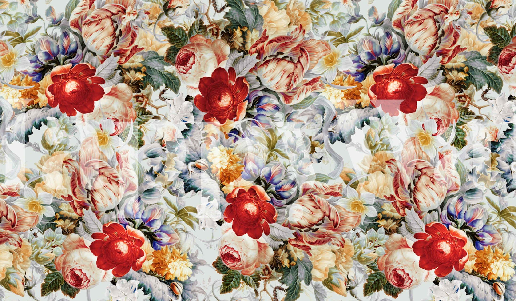 Vibrant floral pattern wallpaper with red, pink, and blue flowers on a soft cream background.