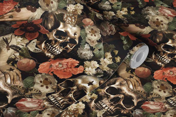 Moody Dark Gothic Skulls and Baroque Botanical Midnight Gardenwallpaper roll