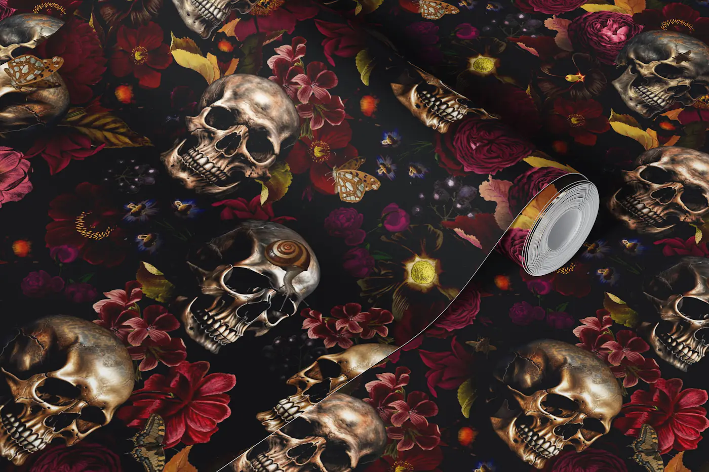 Moody Gothic Skulls Baroque Botanical Garden wallpaper roll