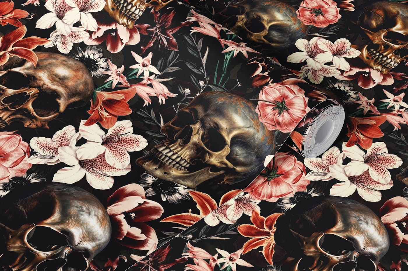 Moody Dark Gothic Skulls and Baroque Opulent Midnight Flower Garden wallpaper roll