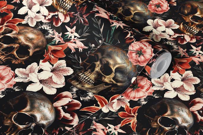 Moody Dark Gothic Skulls and Baroque Opulent Midnight Flower Gardenwallpaper roll