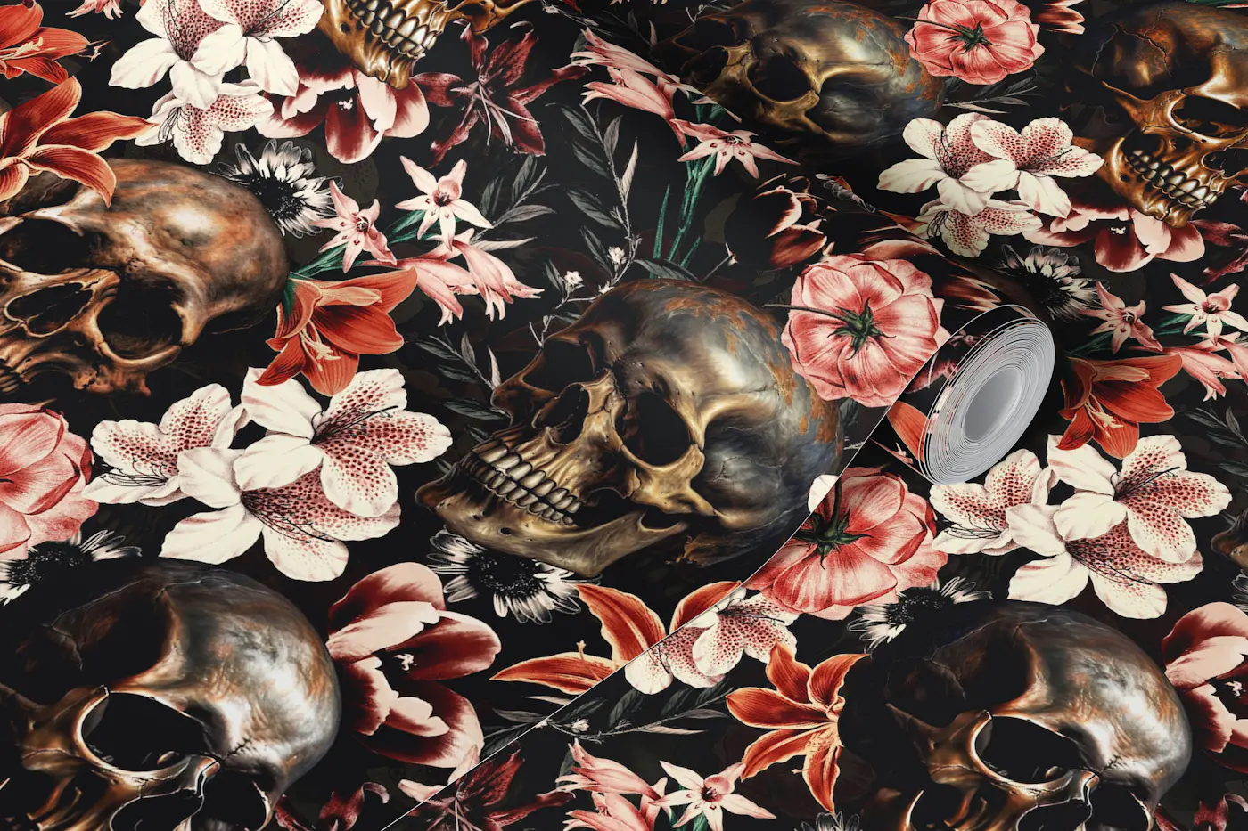 Moody Gothic Skulls Baroque Flower Garden wallpaper roll
