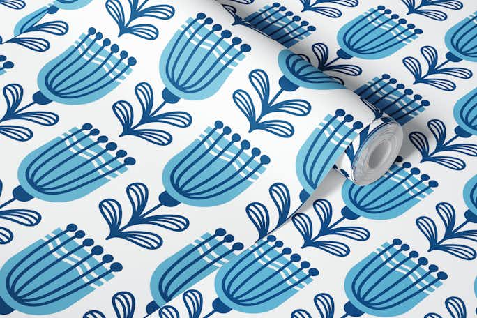 2685 C - Scandinavian blue flowers patternwallpaper roll