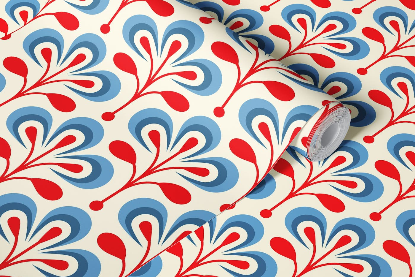 2686 C - retro floral pattern, red / blue wallpaper roll