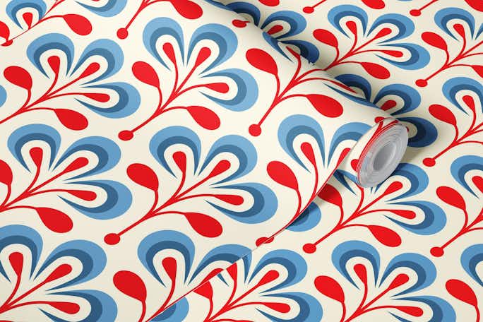 2686 C - retro floral pattern, red / bluewallpaper roll