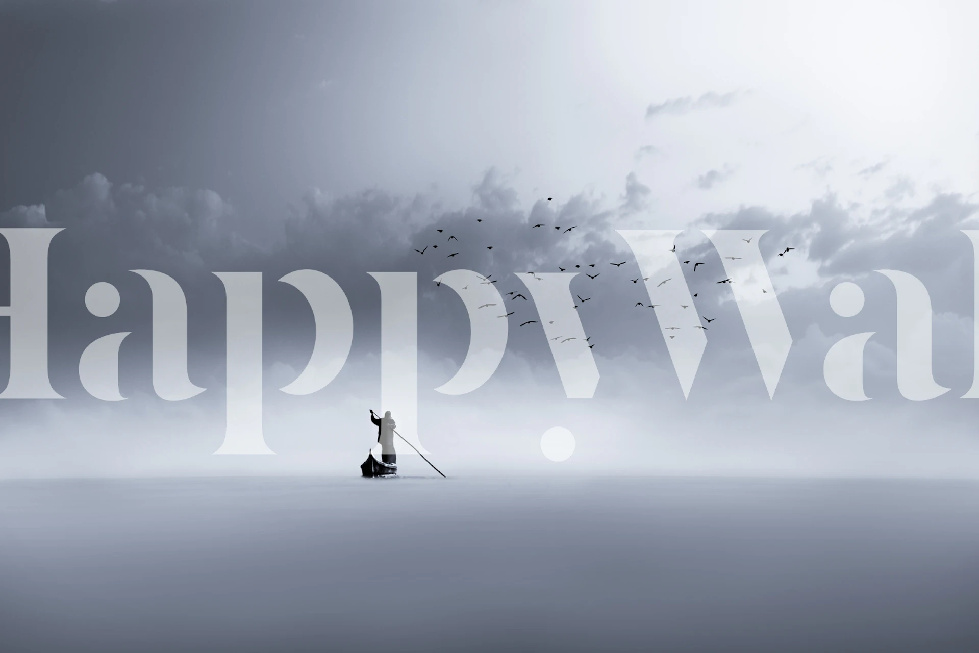 Monochrome landscape wallpaper featuring a person in a boat and birds flying