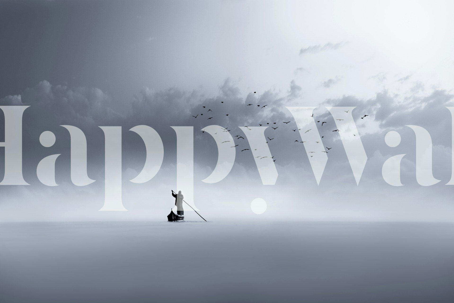 Monochrome landscape wallpaper featuring a person in a boat and birds flying