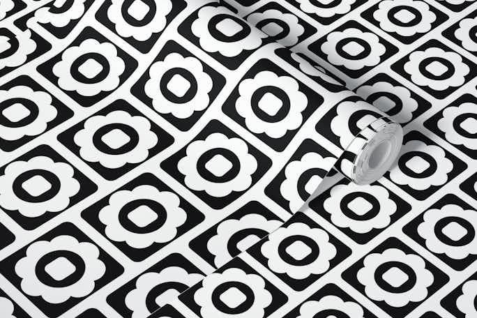 2689 E - black and white floral tileswallpaper roll