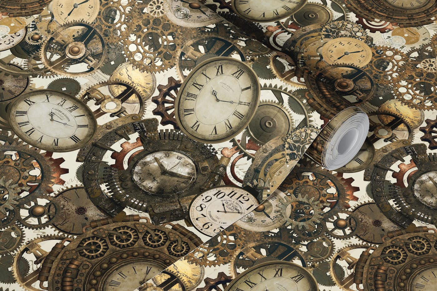 Timeless Machinery Vintage Steampunk Retro Gothic Clock And Gear Grunge Collage wallpaper roll