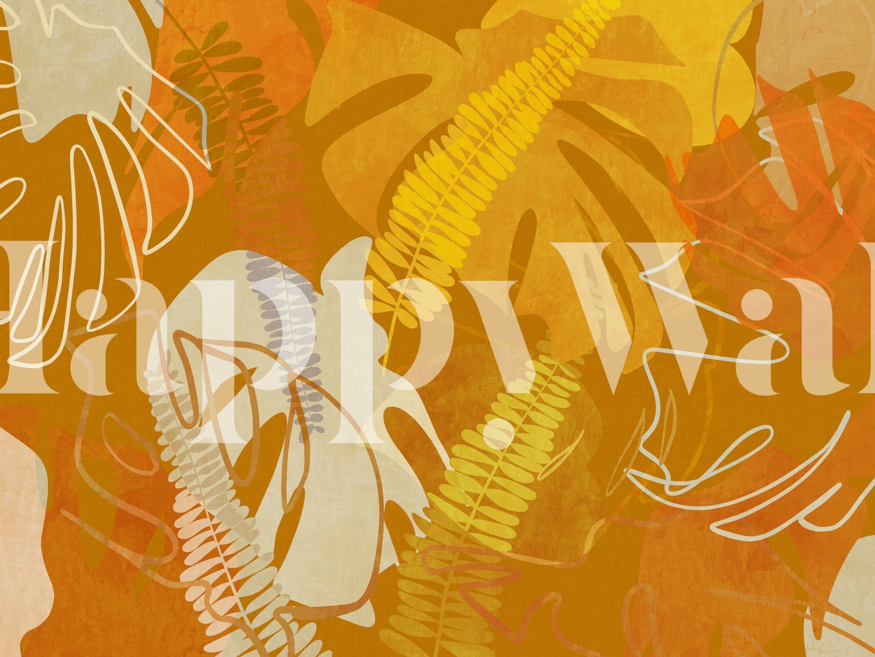 A wall mural with a leaves pattern in curry orange tones