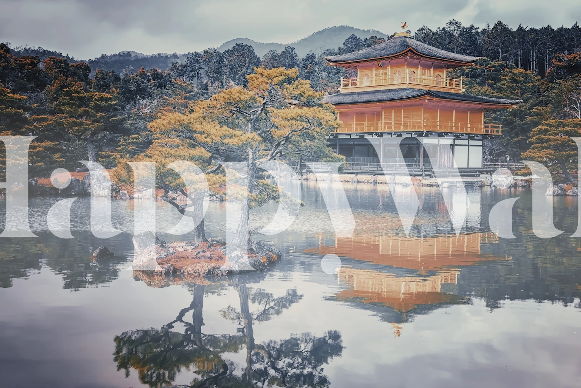 Japanese temple reflection in water with nature elements wallpaper