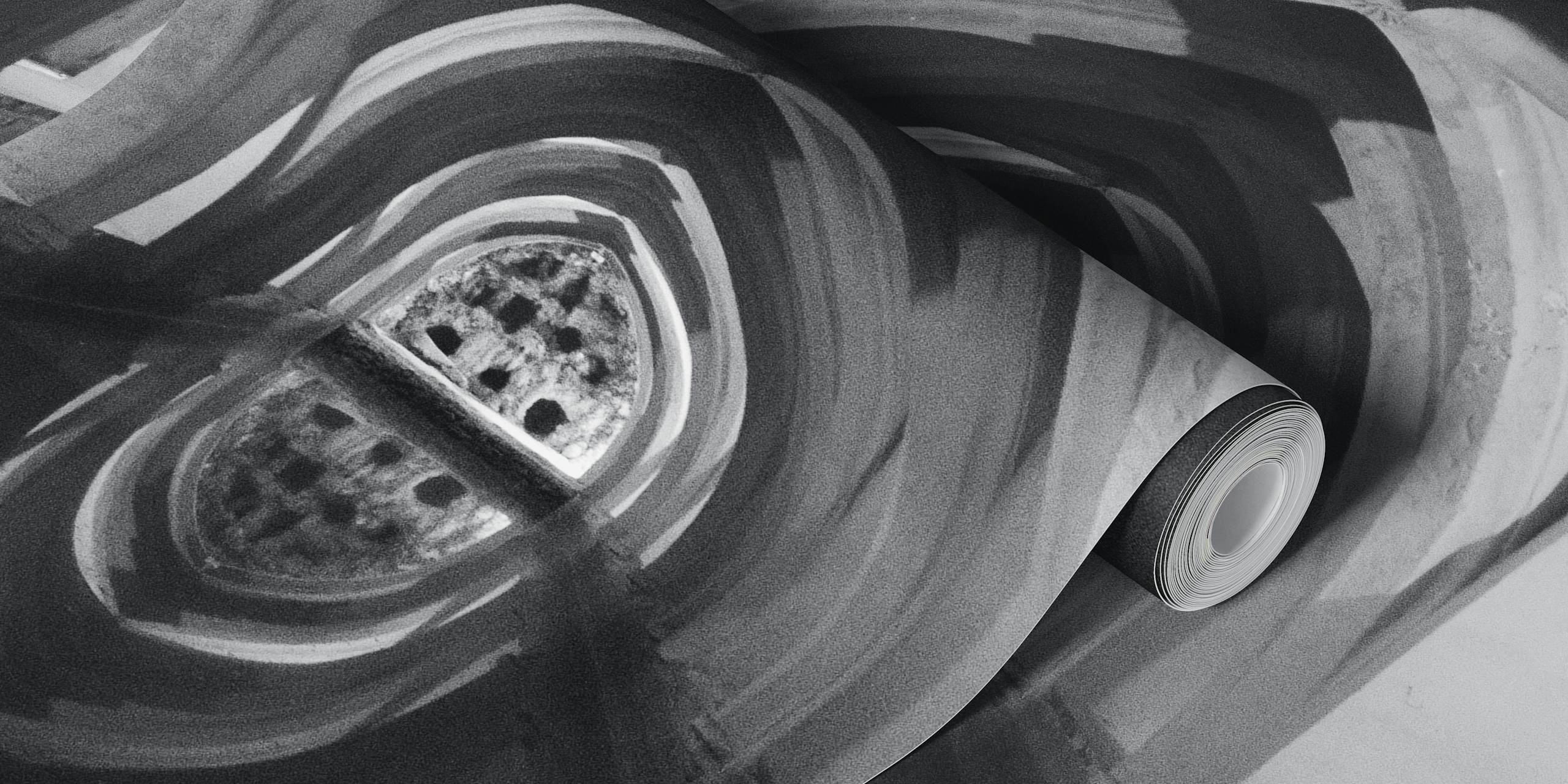 Svartvit bild av bågarna i Alcazarbaden i Sevilla väggmålning