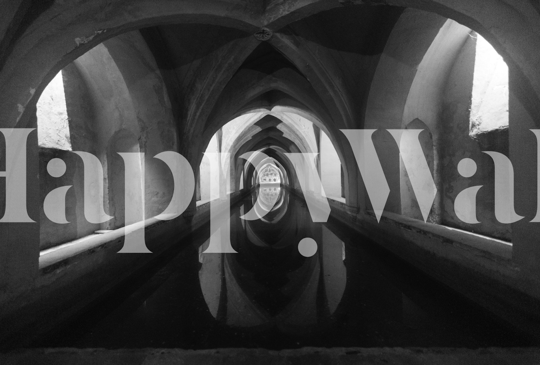 Svartvit bild av bågarna i Alcazarbaden i Sevilla väggmålning