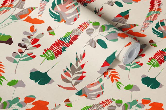 Jungle leaves pattern with redwallpaper roll
