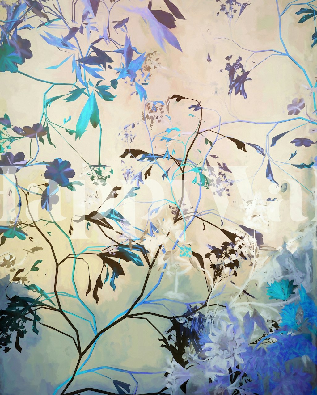 Leaves and Flowers 4 wall mural with blue and lilac botanical design