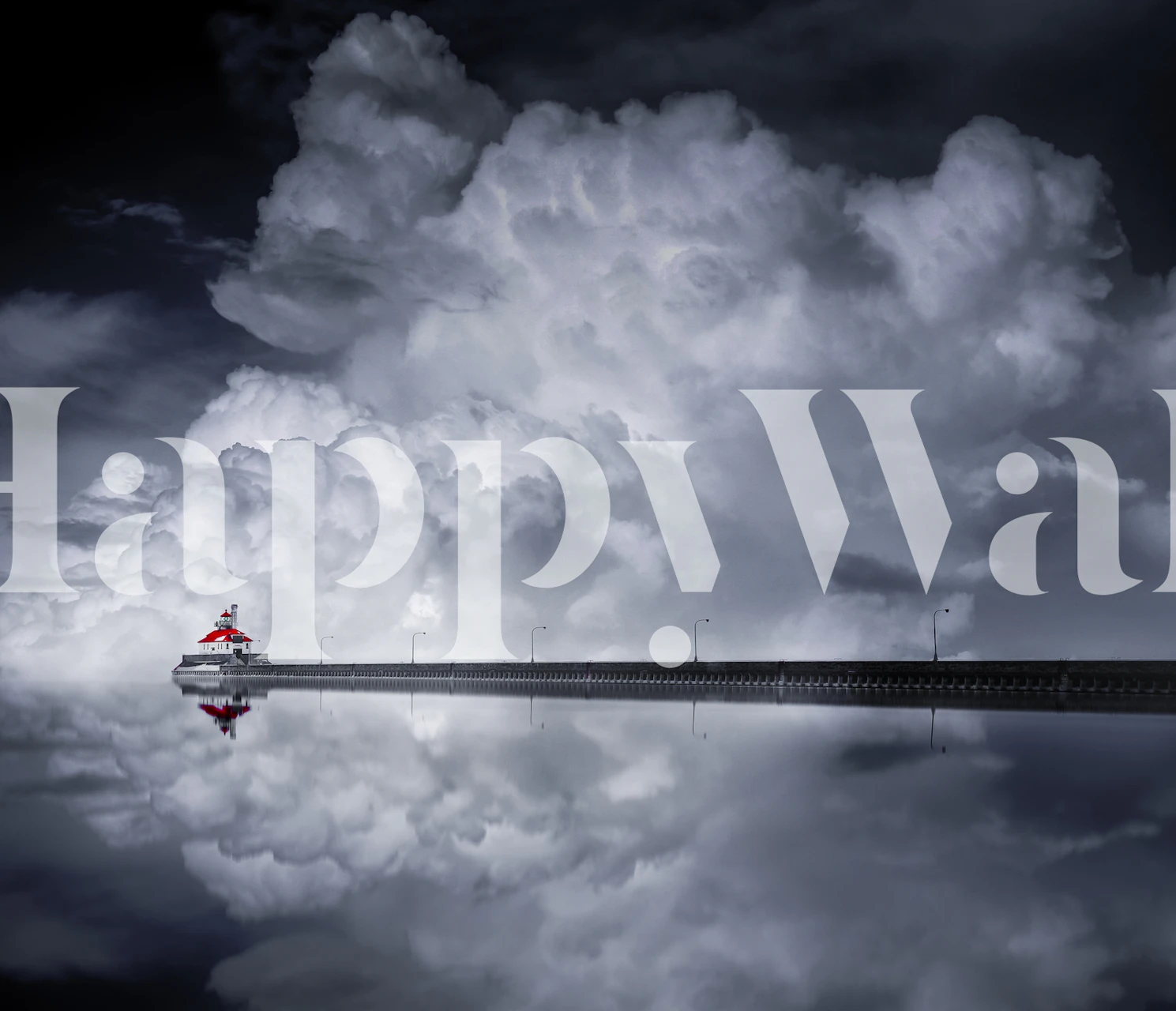 Lighthouse on pier beneath dramatic clouds wallpaper