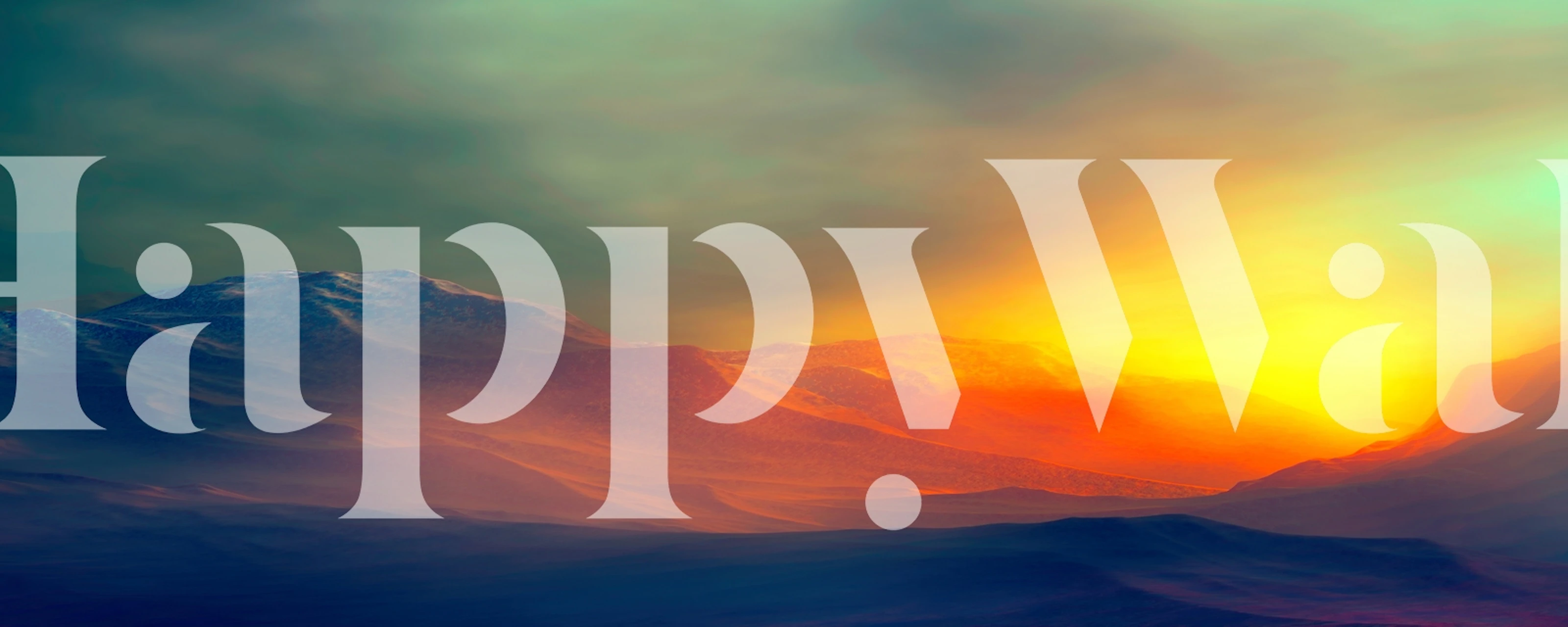 Mural que muestra montañas bañadas por el cálido resplandor del atardecer con naranjas vivos y morados fríos que se mezclan en el horizonte.