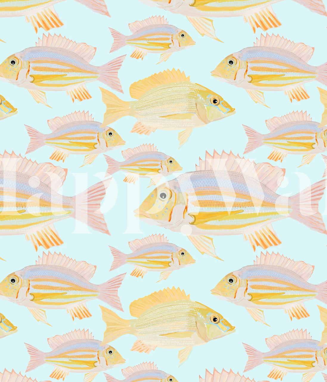 Multiple fish illustrations in pastel colors on a light blue background wallpaper