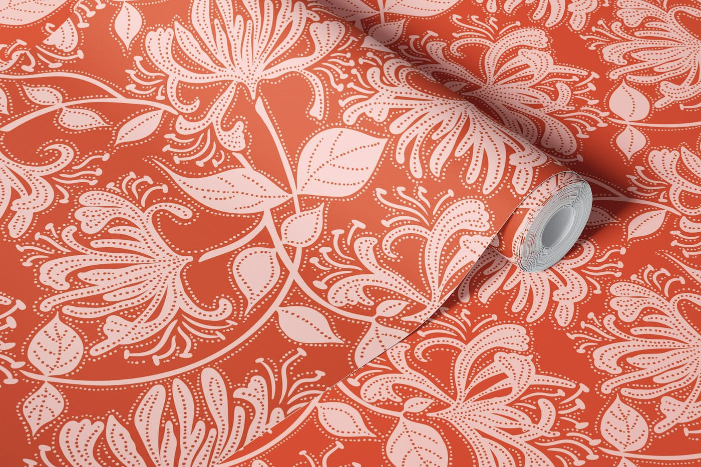 Honeysuckle stencil flowers wallpaper in pink salt on koi orange ground wallpaper roll