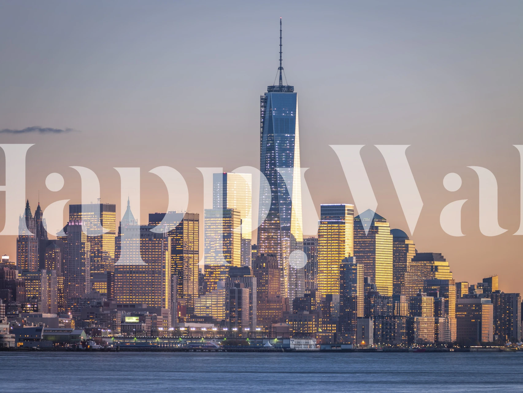 City skyline at sunset with modern architecture wallpaper