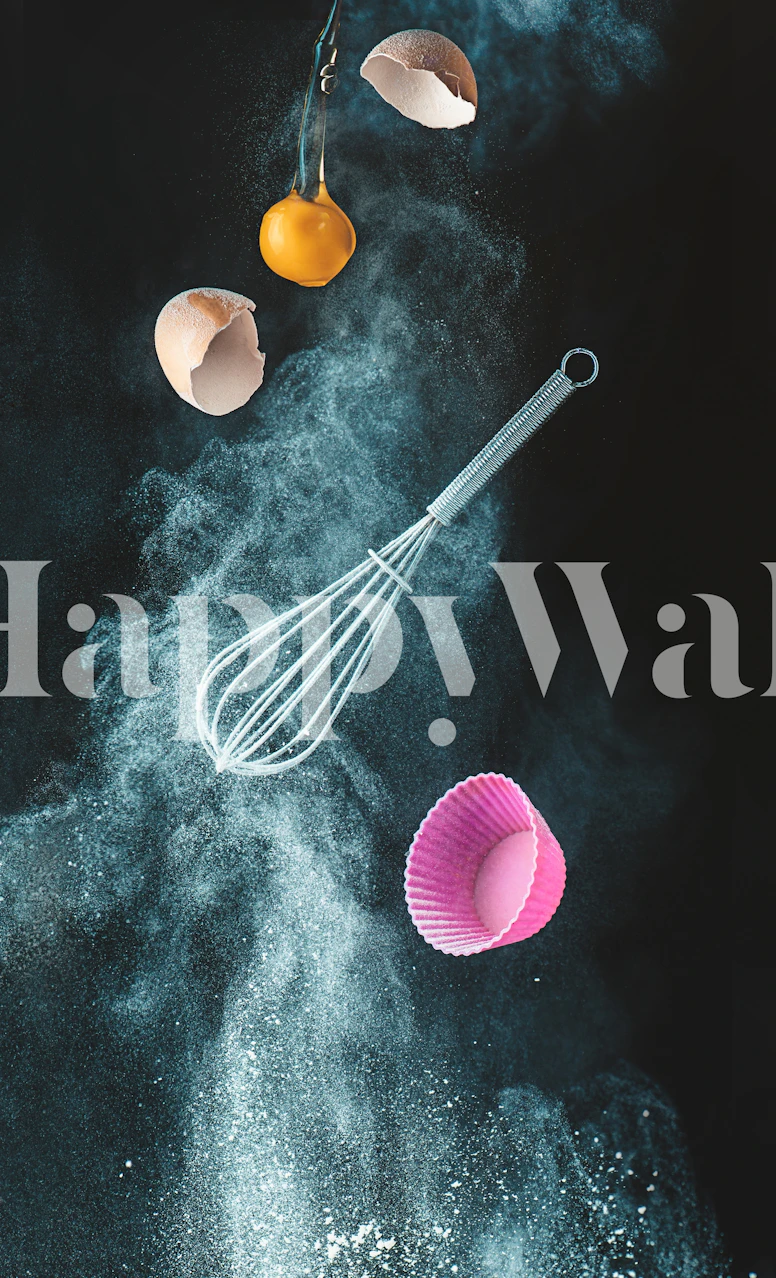 Whisk and eggs floating in a smoky background wallpaper