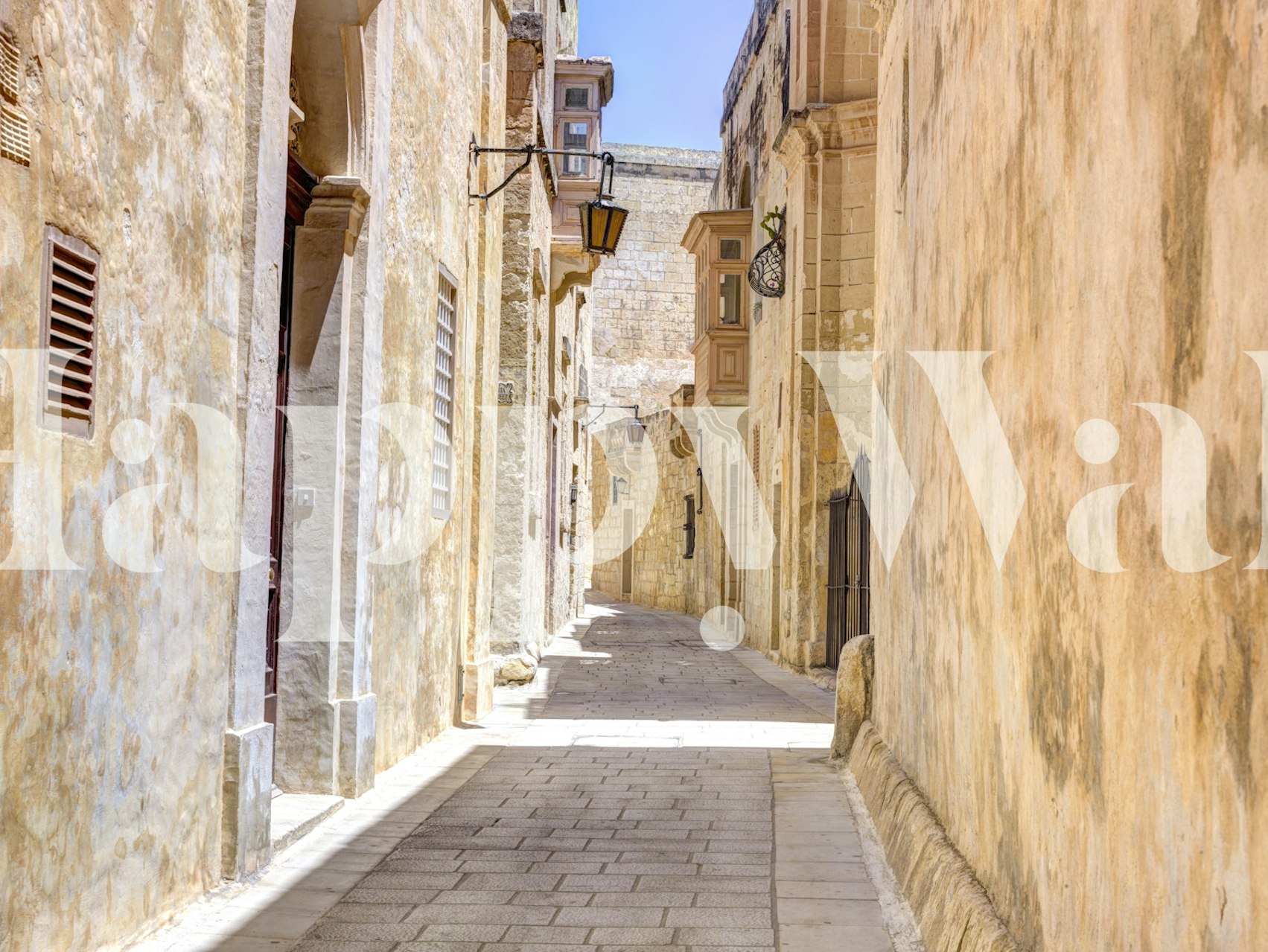 Historic Mdina narrow street wall mural with sunlit limestone walls