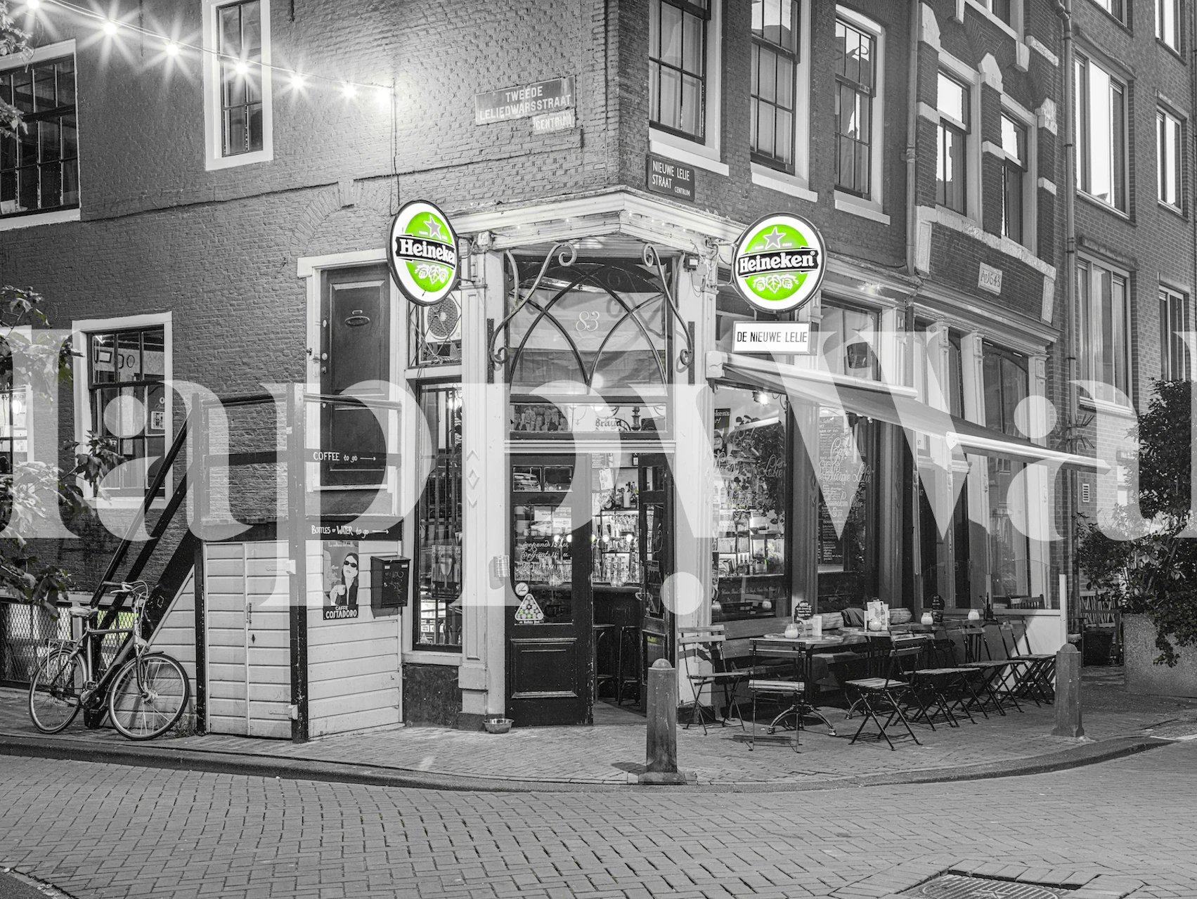 Amsterdam cafe exterior in black and white wallpaper