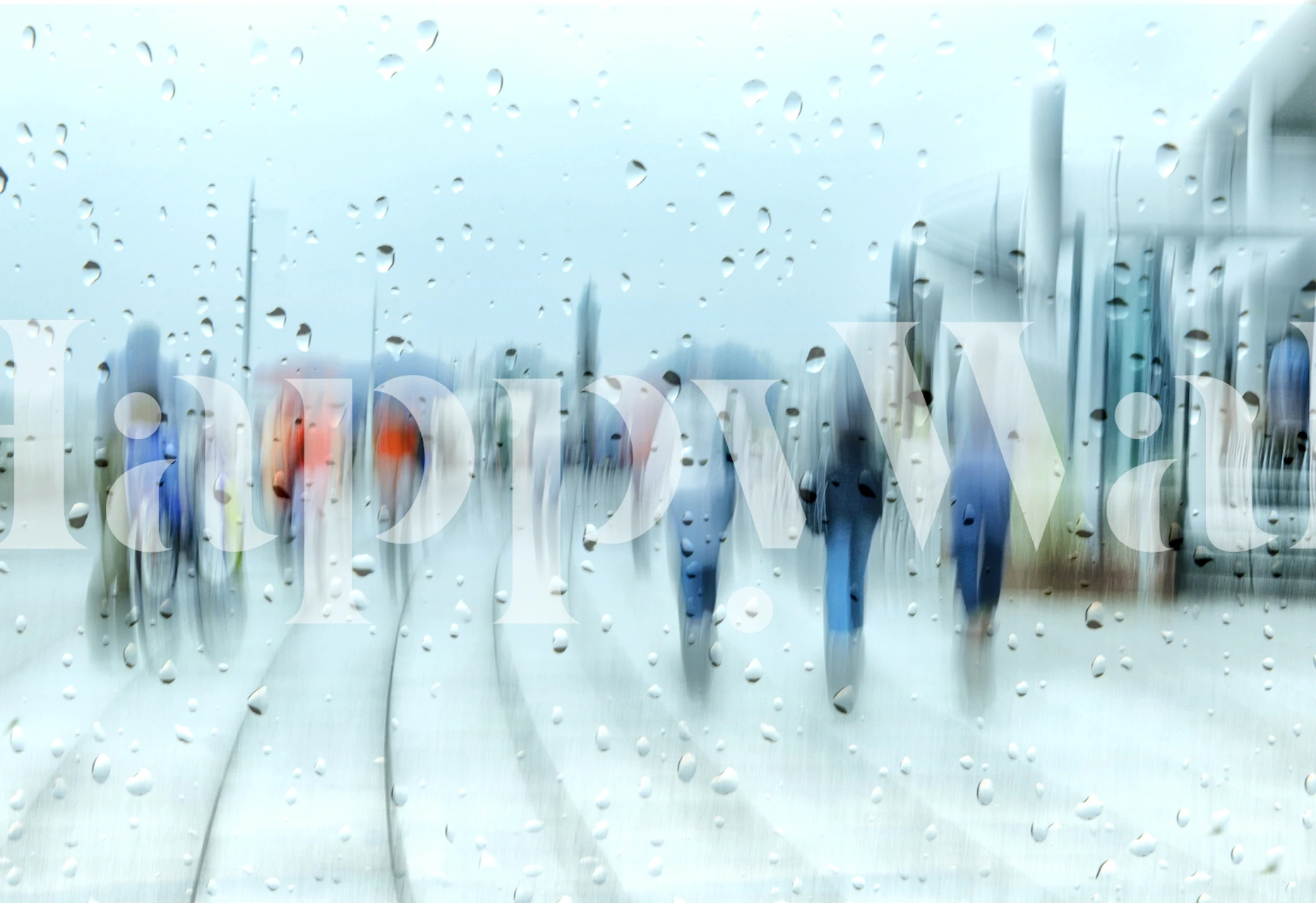 Blurred rainy people background with blue tones wallpaper