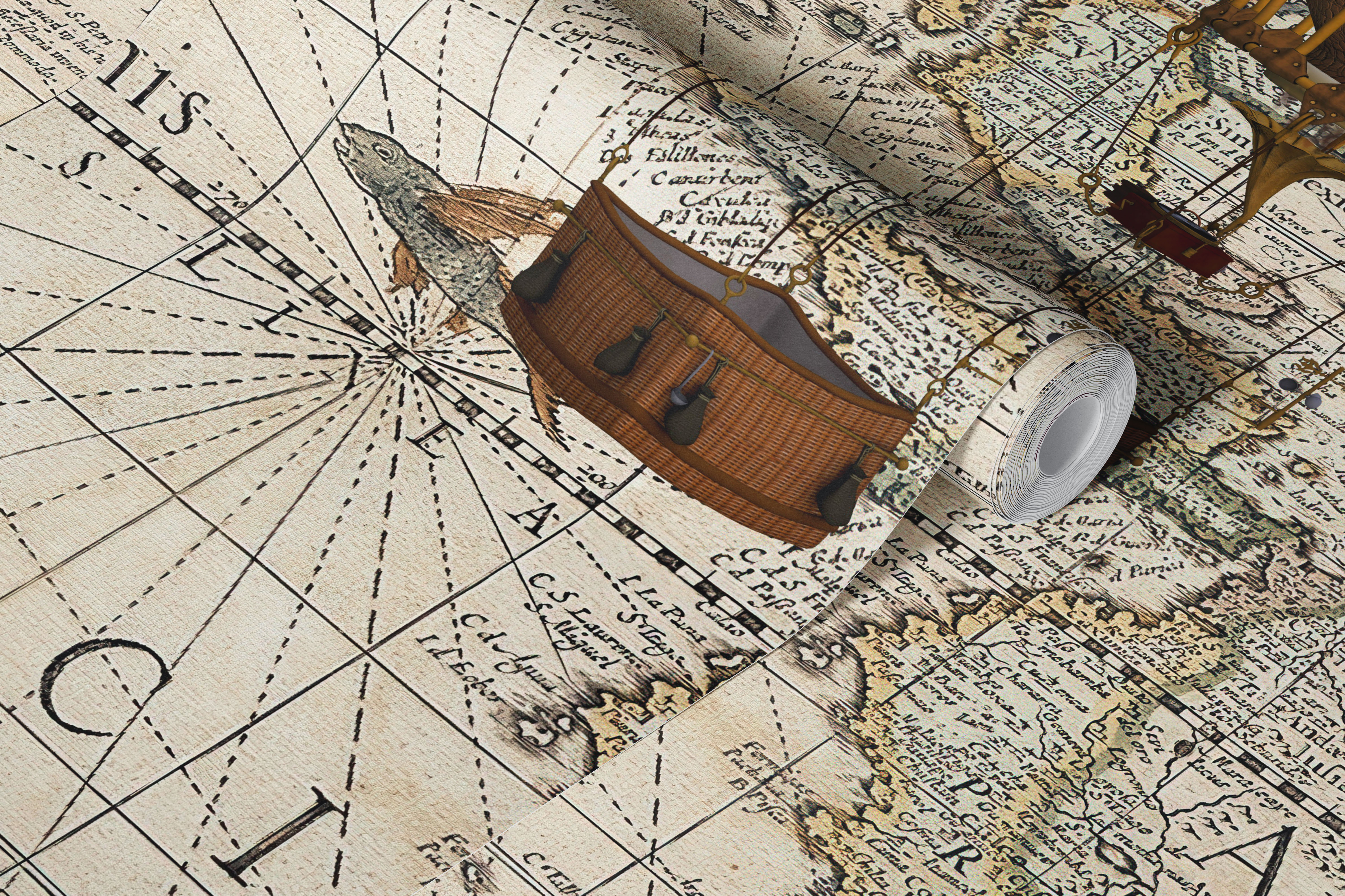 Antique world map with steampunk hot air balloons wall mural