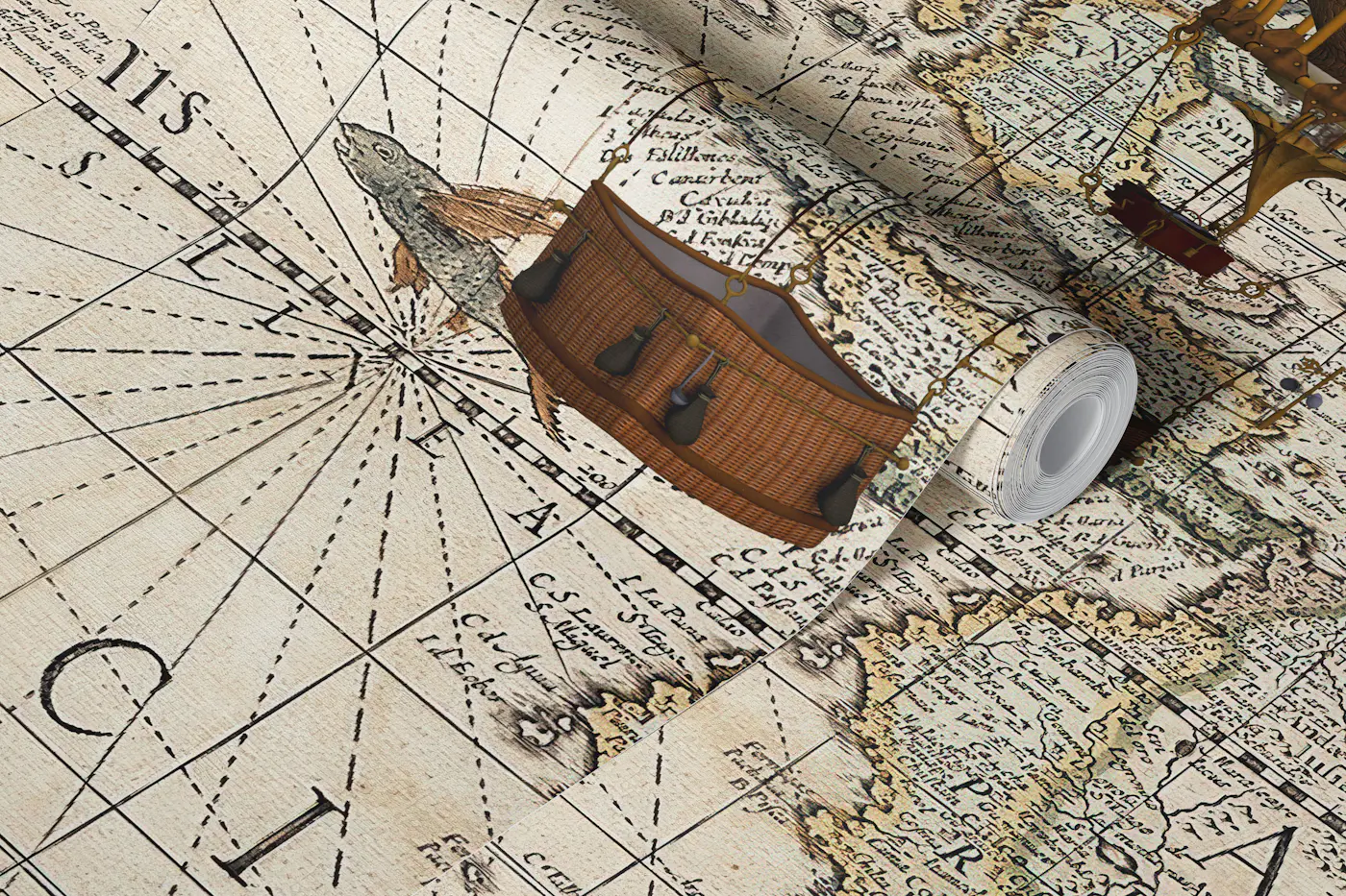 The Americas Antique Map Steampunk Balloons wallpaper roll