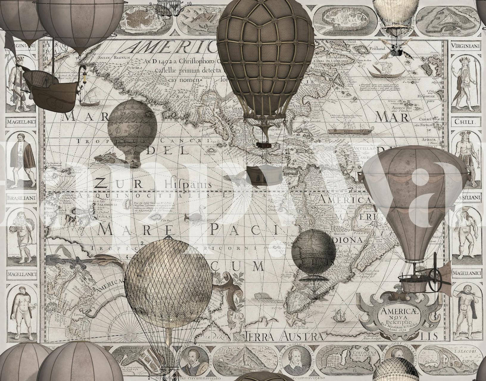 Antique world map with steampunk hot air balloons wall mural