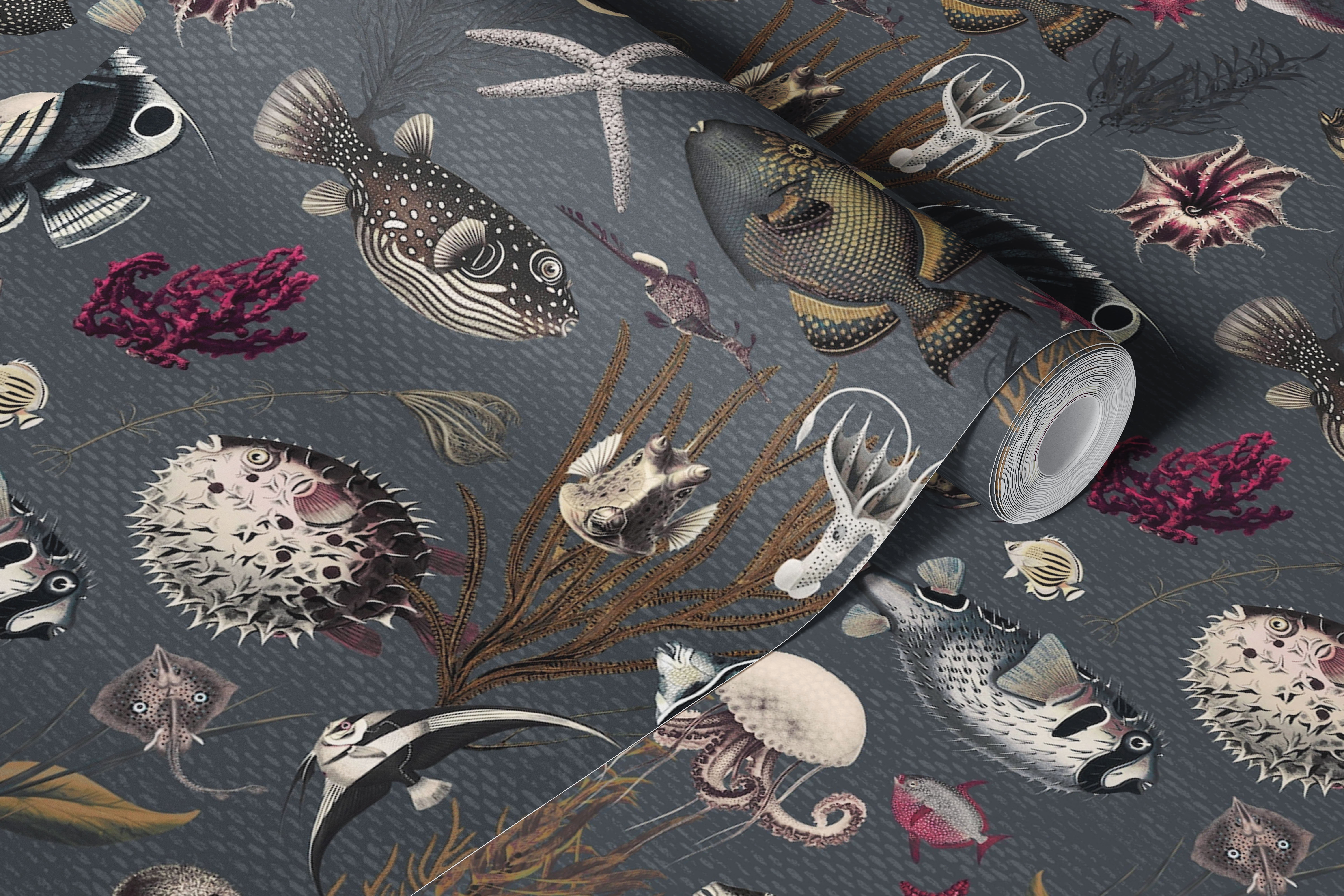 Oceania themed wall mural with marine life patterns in charcoal, fuchsia, mustard, cream, and grey colors