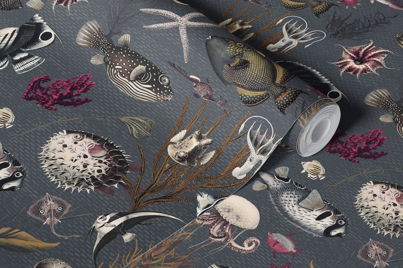 Oceania pattern in charcoal fuchsia mustard cream grey wallpaper roll