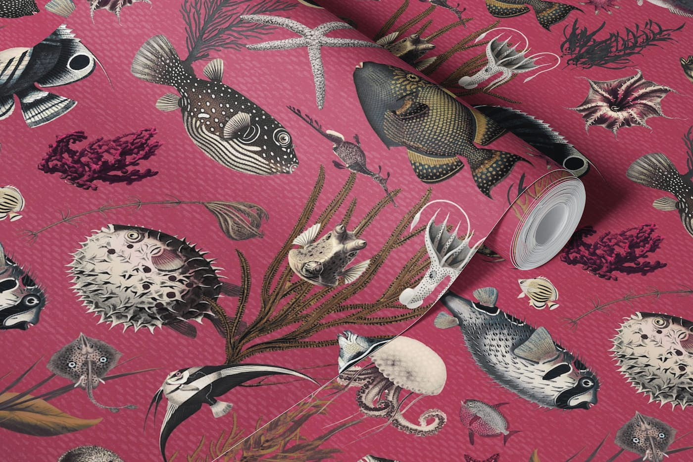 Oceania pattern in pink black mustard cream grey wallpaper roll