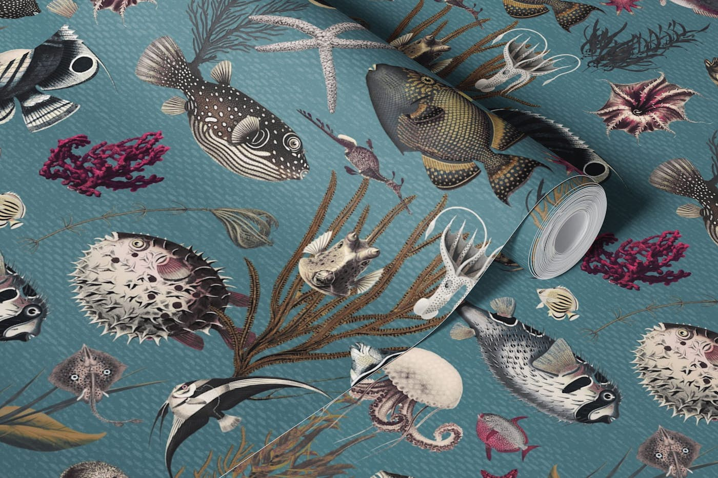 Oceania pattern in stone blue fuchsia mustard cream grey wallpaper roll