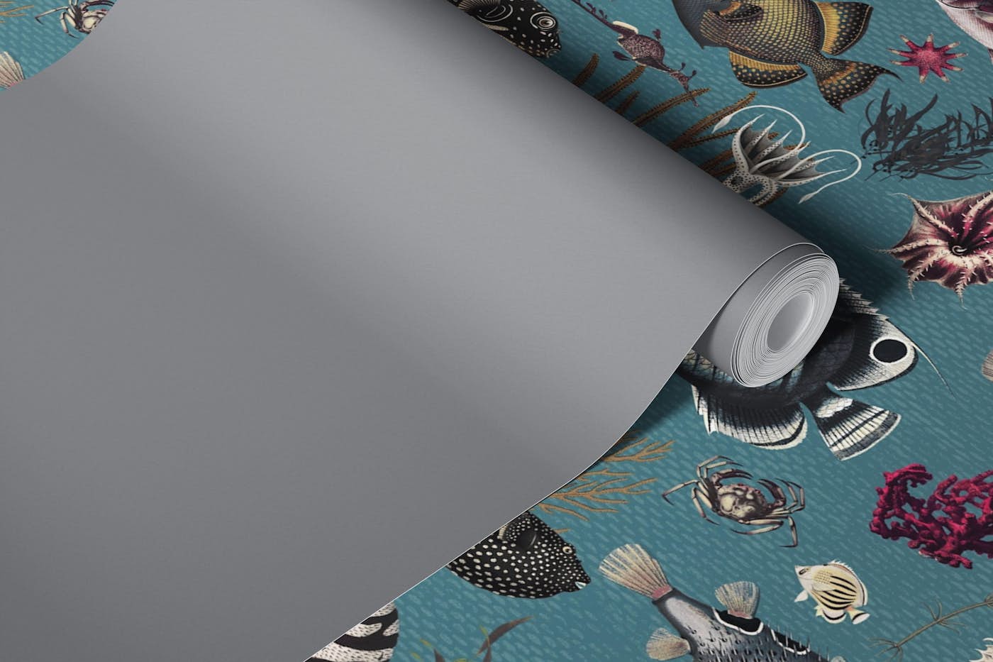 Oceania pattern stone blue fuchsia cream wallpaper roll