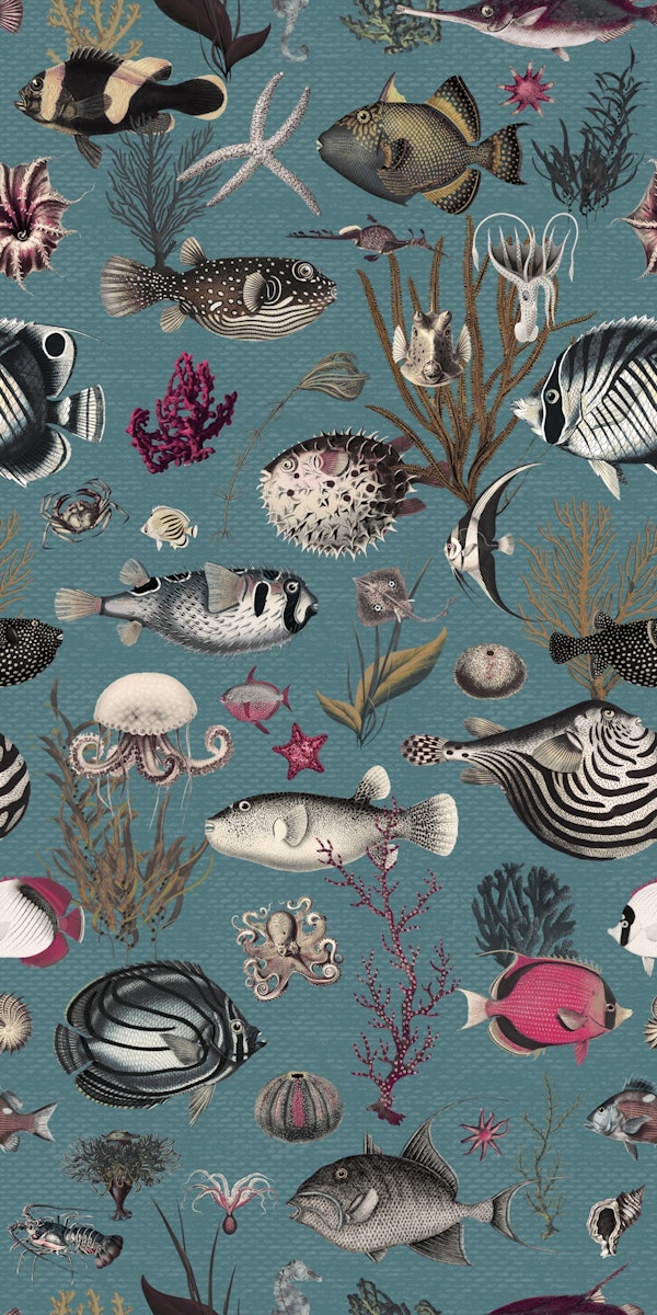 Oceania pattern stone blue fuchsia cream