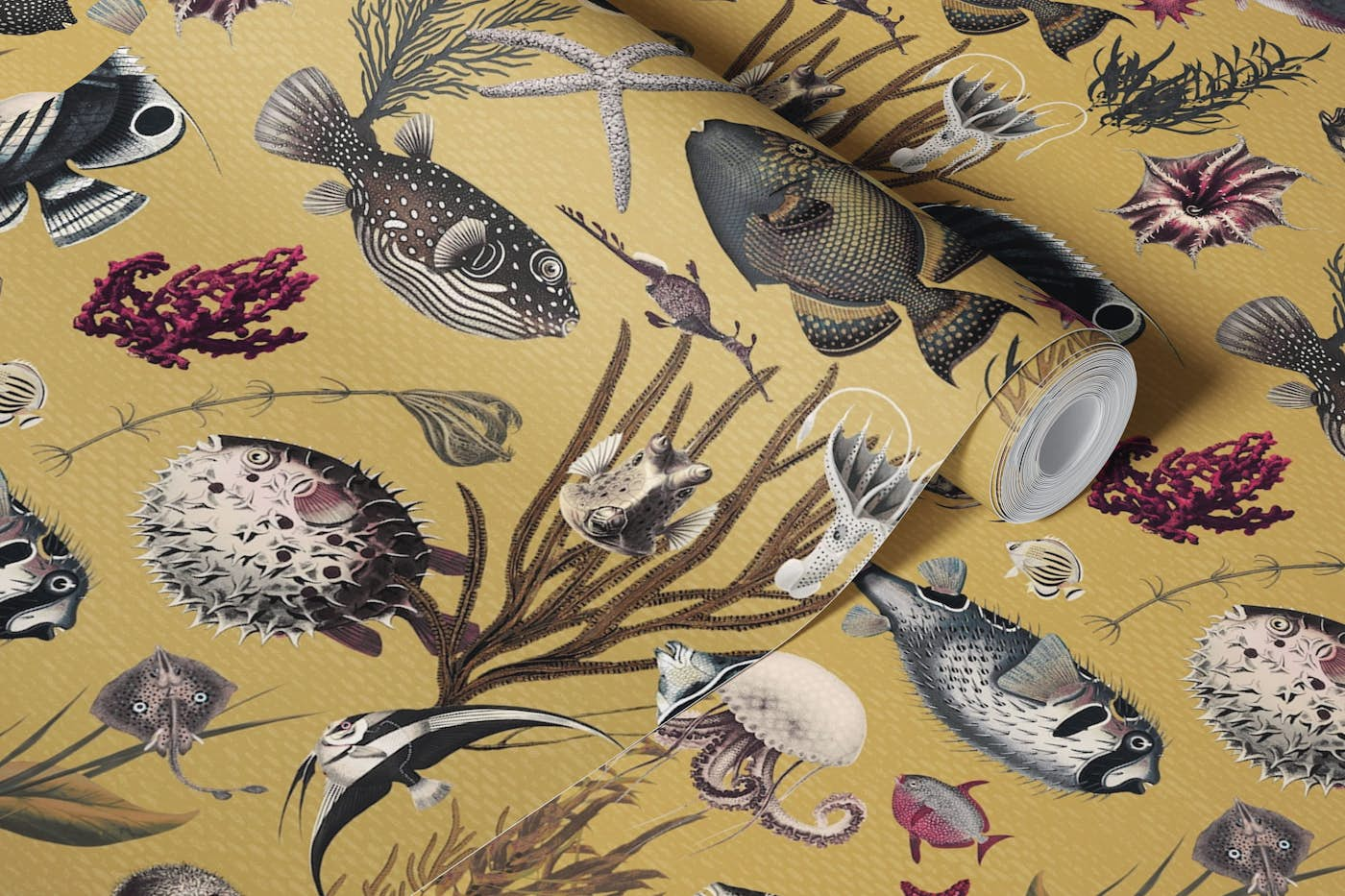 Oceania pattern in mustard yellow black fuchsia cream grey wallpaper roll