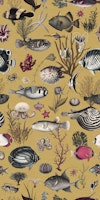 Oceania pattern in mustard yellow black fuchsia cream grey papel de parede
