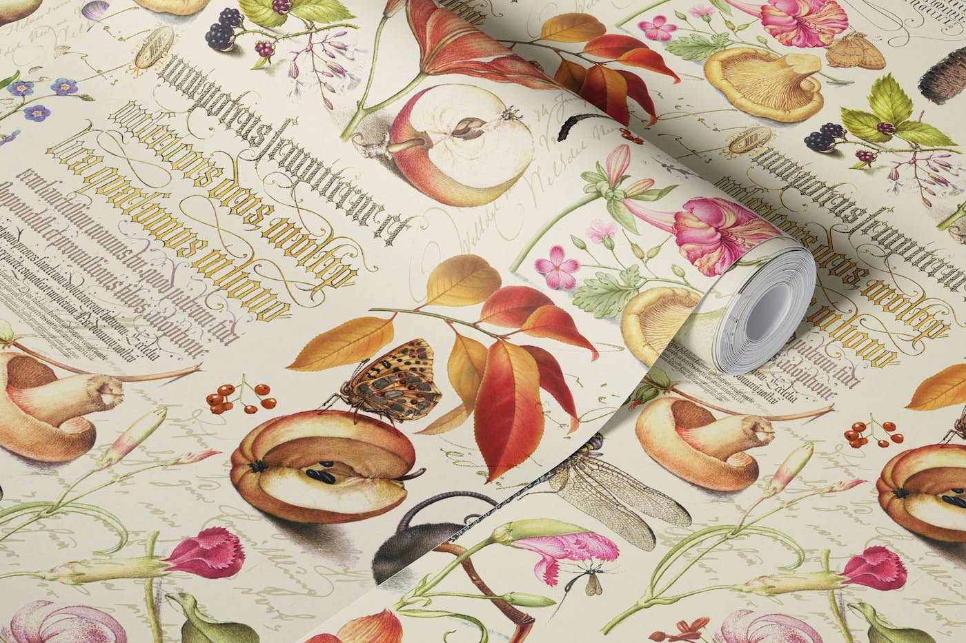 Botanical Treasures By Joris Hoefnagel With Plants, Fruits And Calligraphy III wallpaper roll