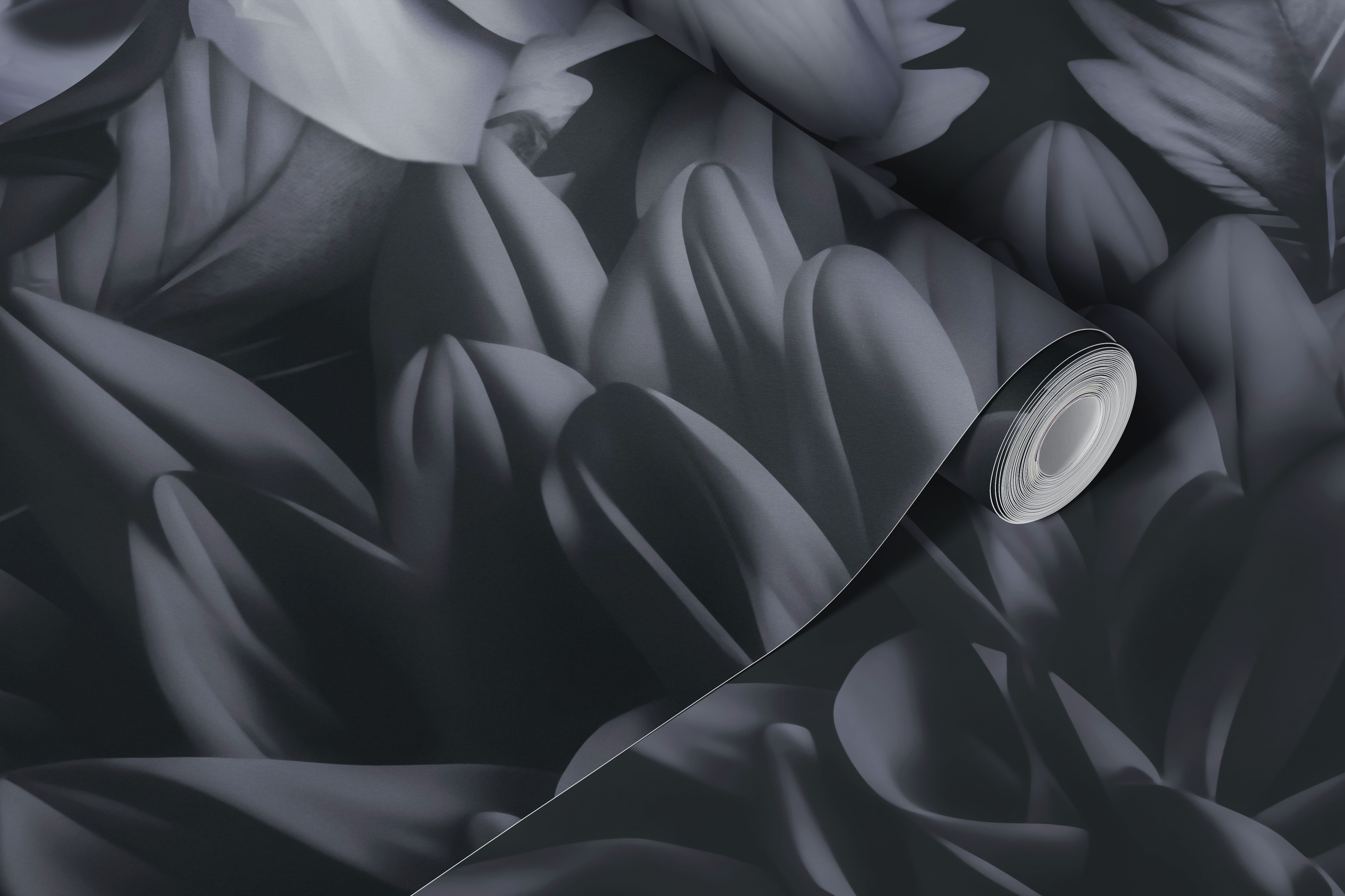 Dark grey floral wallpaper in a modern room