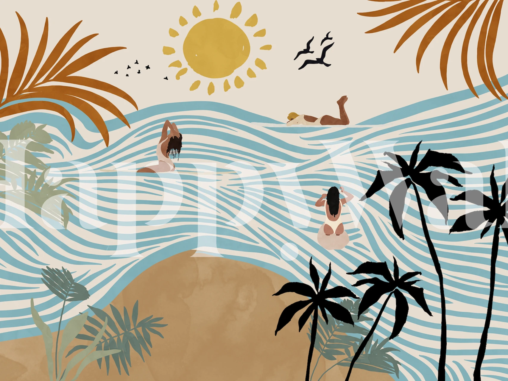 Tropical beach scene with sun, waves, palm leaves, and swimmers wallpaper