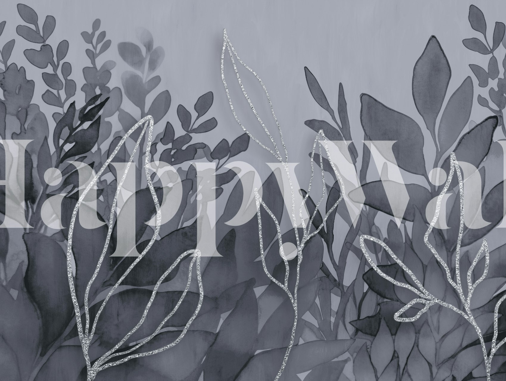 Grey watercolor foliage with line art leaves wallpaper