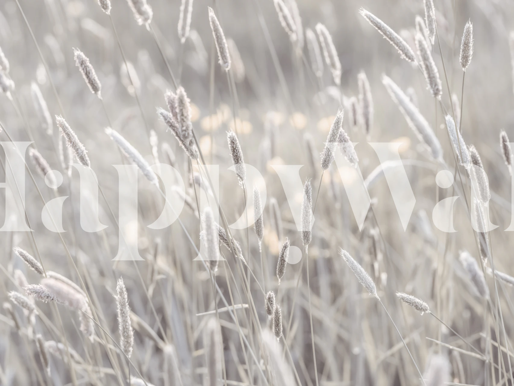 Meadow's Bliss wall mural with soft gray and off-white hues, showcasing serene meadow imagery