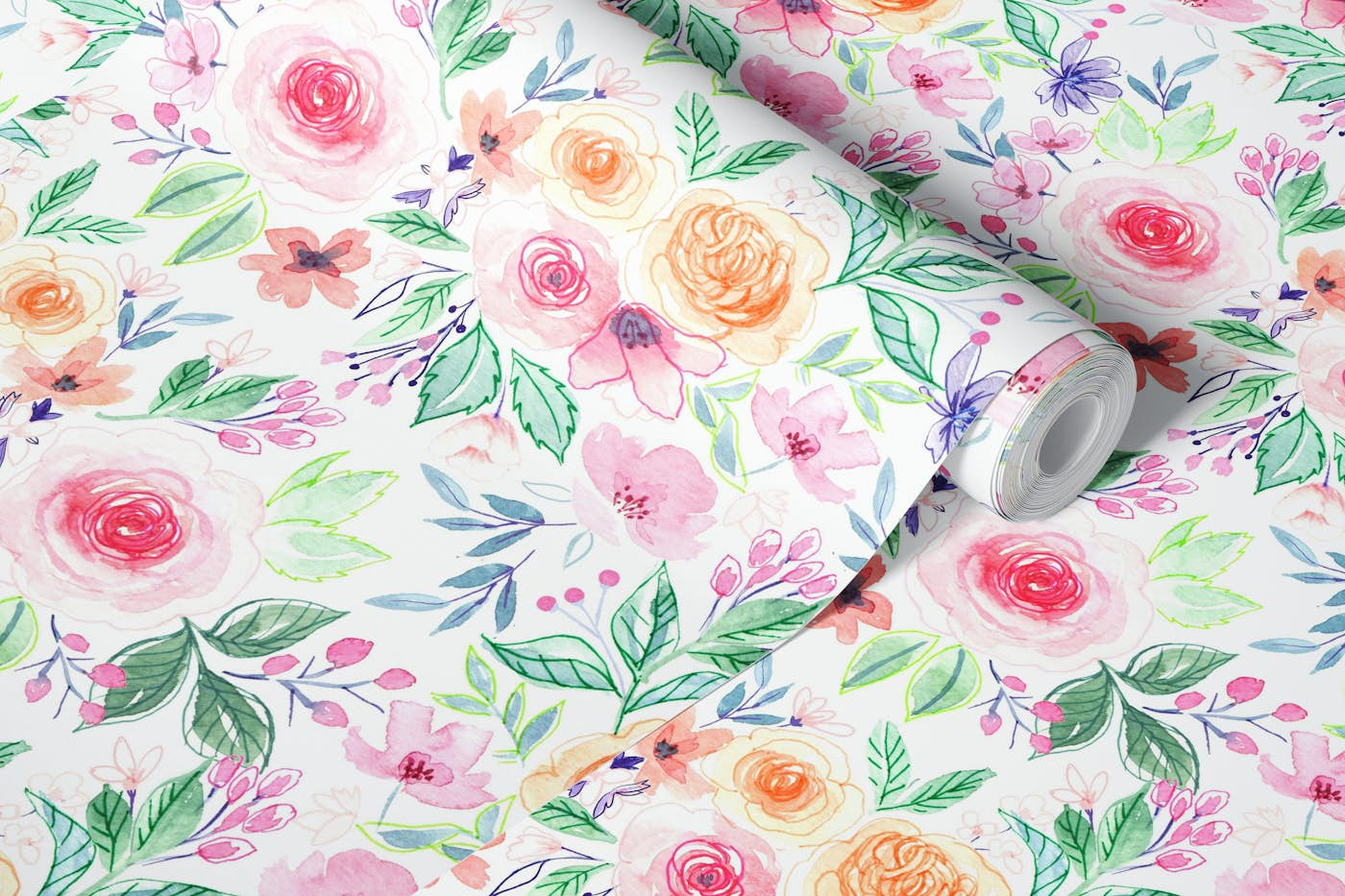 Watercolor flowers and leaves, pink, orange and blue wallpaper roll